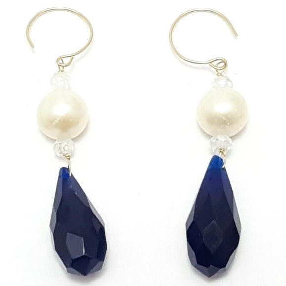 Beautiful 14K Karat Solid Yellow Gold Designer Dangle Hanging Pearl Earrings